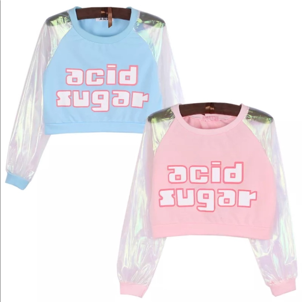 Acid Sugar sweatshirt irridescent hologram crop top kawaii rave burning man G2 - Picture 2 of 11
